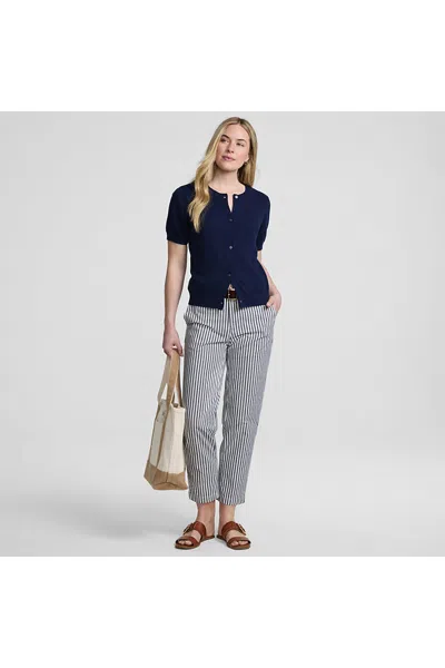 Lands' End Women's Tall Mid Rise Classic Straight Leg Oxford Stripe Ankle Pants In Ivory