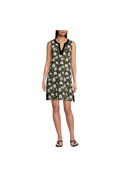 Lands' End Women's Tall Size Cotton Jersey Notch Neck Dress In Black