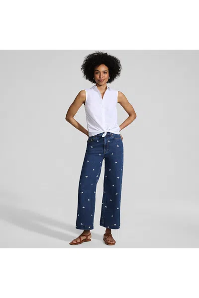 Lands' End Women's Tall Soft Denim High Rise Embroidered Wide Leg Crop Jeans In Blue