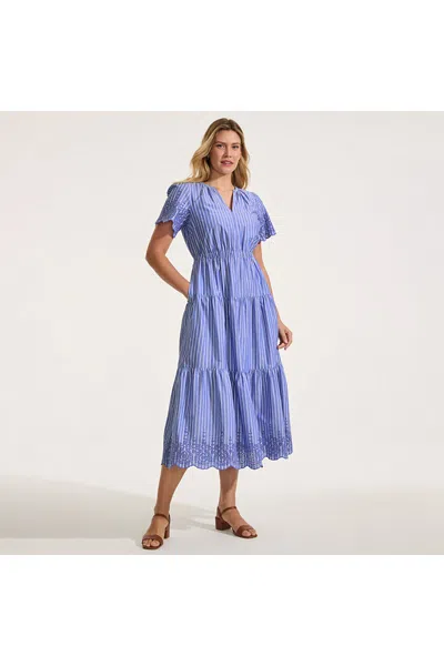Lands' End Women's Tall Tiered Cotton Poplin Eyelet Maxi Dress In Blue