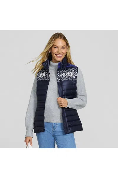Lands' End Women's Tall Wanderweight Packable Down Print Vest In Blue