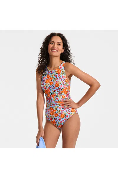 Lands' End Women's Tugless High Neck Portrait Back One Piece Swimsuit In Multi