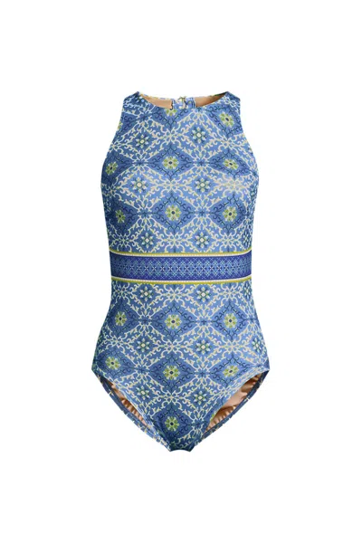 Lands' End Women's Tugless High Neck Portrait Back One Piece Swimsuit In Blue