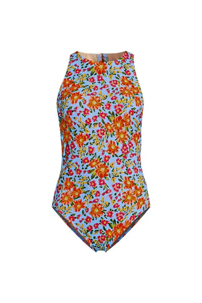 Lands' End Women's Tugless High Neck Portrait Back One Piece Swimsuit In Blue