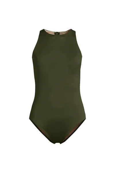 Lands' End Women's Tugless High Neck Portrait Back One Piece Swimsuit In Green