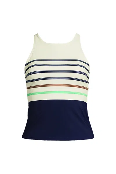 Lands' End Women's Tugless High Neck Strappy Back Tankini Swimsuit Top In Blue