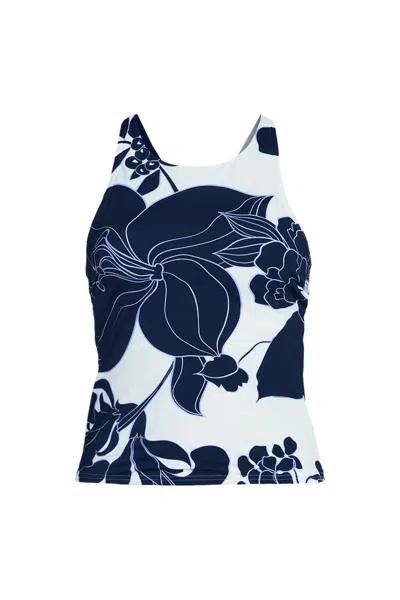 Lands' End Women's Tugless High Neck Strappy Back Tankini Swimsuit Top In Blue