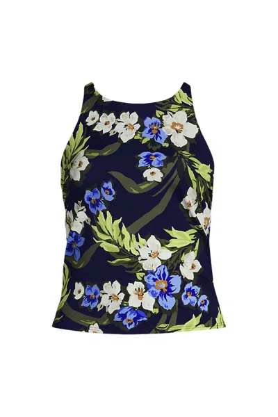 Lands' End Women's Tugless High Neck Strappy Back Tankini Top In Blue