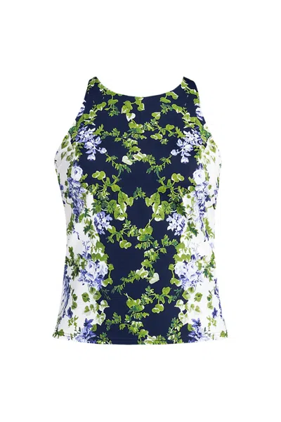 Lands' End Women's Tugless High Neck Strappy Back Tankini Top In Green