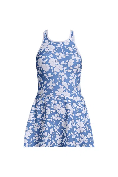 Lands' End Women's Tugless High Neck Swim Dress Swimsuit In Blue