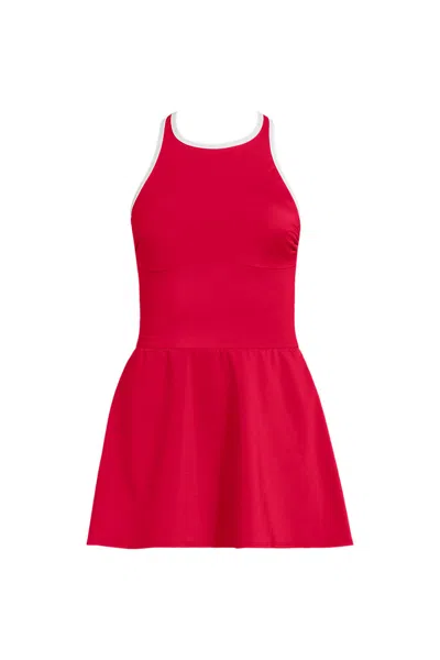 Lands' End Women's Tugless High Neck Swim Dress Swimsuit In Red