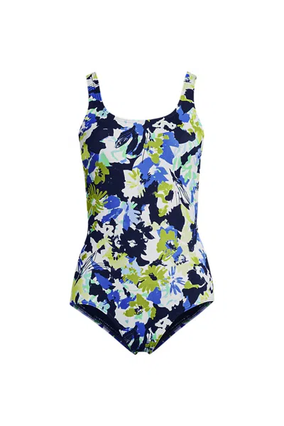 Lands' End Women's Tugless Low Leg One Piece Swimsuit In Blue