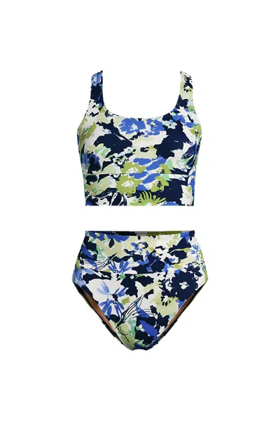 Lands' End Women's Tugless Midkini Top And High Waisted Bottom Swimsuit Set In Blue