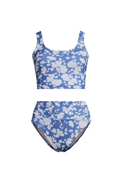 Lands' End Women's Tugless Midkini Top And High Waisted Bottom Swimsuit Set In Blue