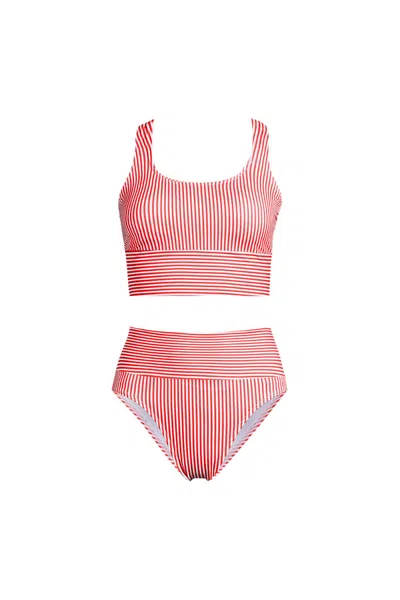 Lands' End Women's Tugless Midkini Top And High Waisted Bottom Swimsuit Set In Pink
