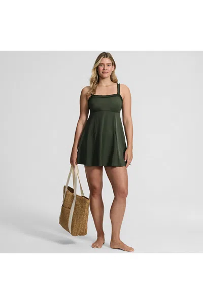 Lands' End Women's Tugless Pleated Ruffle Swim Dress In Green