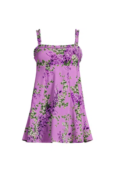 Lands' End Women's Tugless Pleated Ruffle Swim Dress In Purple