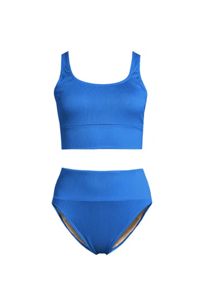 Lands' End Women's Tugless Ribbed Midkini And High Waisted Bottom Swimsuit Set In Multi