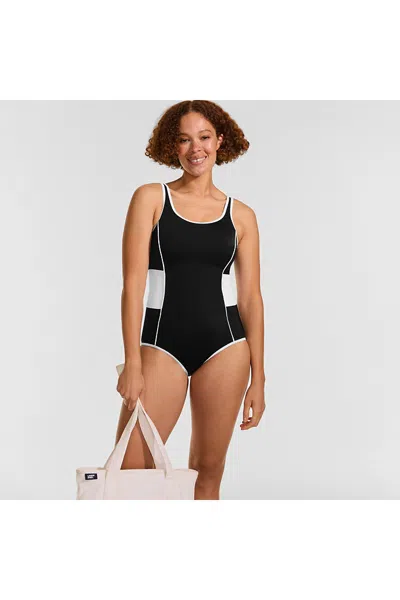 Lands' End Women's Tugless Scoop Neck Colorblock Low Leg One Piece In Black