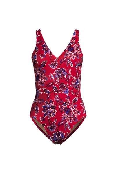 Lands' End Women's Tugless V-neck High Leg One Piece Swimsuit In Red