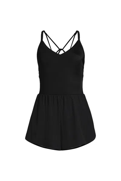 Lands' End Women's Tugless V-neck Strappy X-back Swim Romper In Black