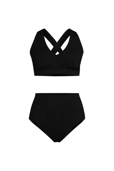 Lands' End Women's V-neck Bikini And High Waisted Bottom Swimsuit Set In Black
