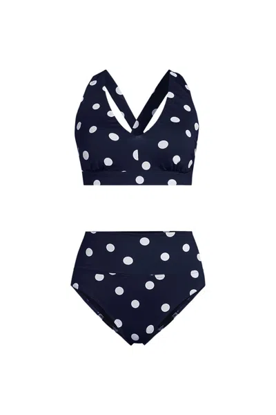 Lands' End Women's V-neck Bikini And High Waisted Bottom Swimsuit Set In Blue