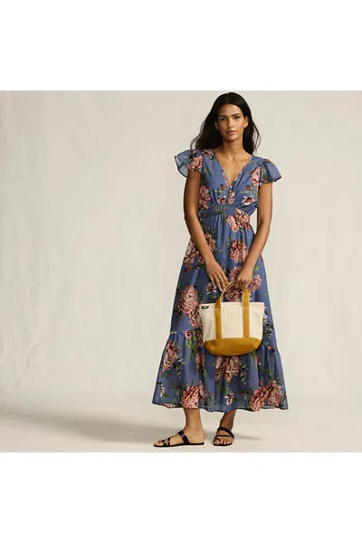Lands' End Women's Vneck Flutter Sleeve Maxi Dress In Blue