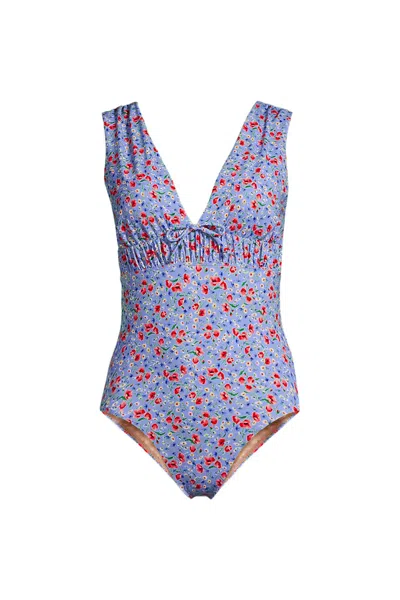 Lands' End Women's Wide Strap Plunge Shirred One Piece In Blue