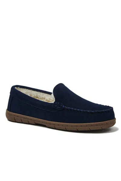 Lands' End Women's Wide Width Fuzzy Lined Suede Moccasin Slippers In Blue