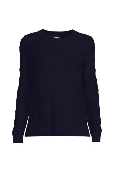 Lands' End Women's Windowpane Textured Pullover Crew Sweater In Blue