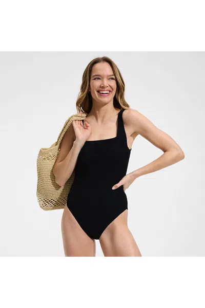 Lands' End Womens Boucle Square Neck Scoop Back One Piece Swimsuit In Black