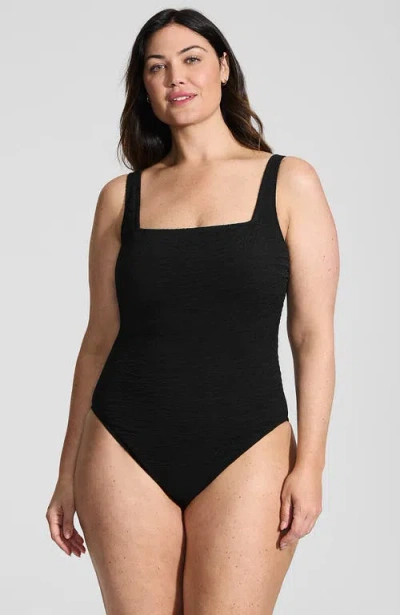 Lands' End Womens Boucle Square Neck Scoop Back One Piece Swimsuit In Black