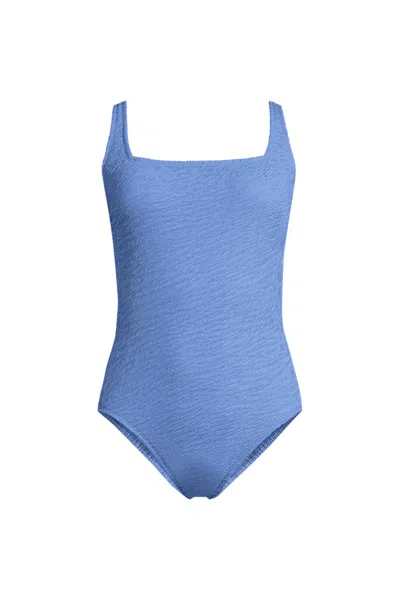 Lands' End Womens Boucle Square Neck Scoop Back One Piece Swimsuit In Blue