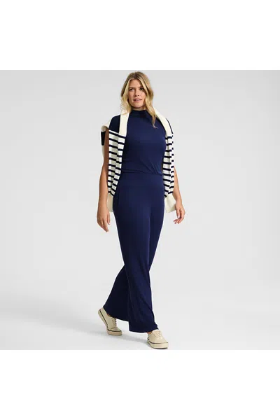 Lands' End Womens Petite Drapey Rib High Rise Wide Leg Pants In Blue