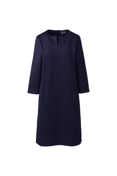 Lands' End Womens Petite Ponte 3/4 Sleeve Split Neck Shift Dress In Blue