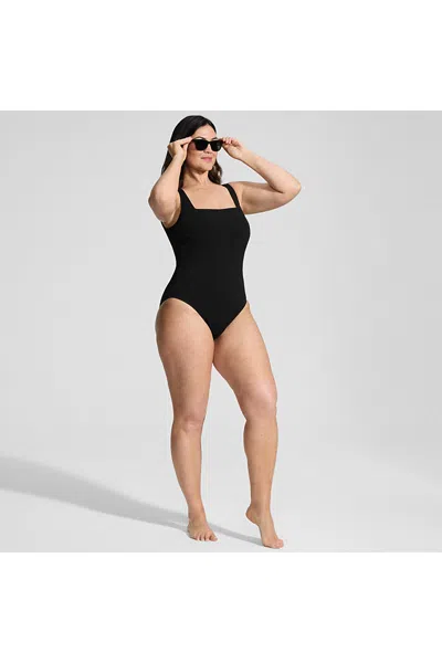 Lands' End Womens Plus Size Boucle Square Neck Scoop Back One Piece Swimsuit In Black