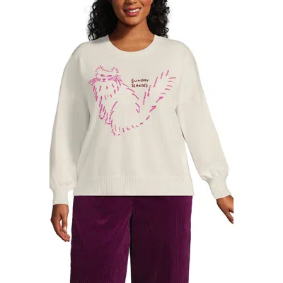 Lands' End Womens Plus Size Drifter Drop Shoulder Placed Jacquard Crew Neck Sweater In White