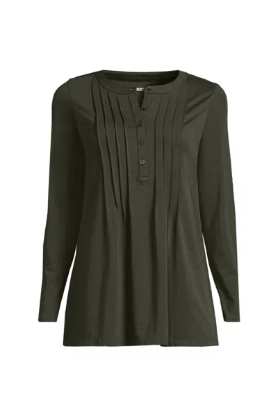Lands' End Womens Plus Size Long Sleeve Lightweight Jersey Pintuck Button Tunic Blouse In Green