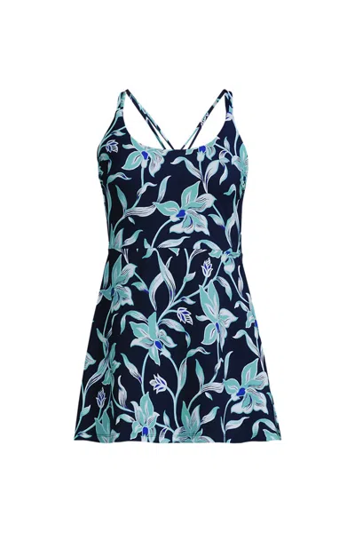 Lands' End Womens Plus Size Tugless Quickdry Strappy Back Mini Swim Dress In Blue