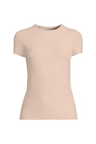 Lands' End Womens Short Sleeve Tugless Double Layer Crew Neck Knit Top In Pink