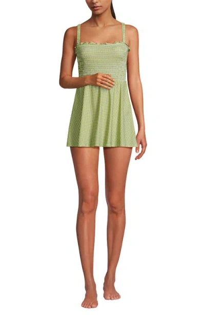 Lands' End Womens Square Neck Smocked Mini Swim Dress In Green