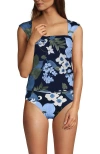Lands' End Womens Square Neck Underwire Square Back Tankini Swimsuit Top In Deep Sea Navy Lilies