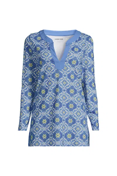 Lands' End Womens Sunshade Upf50 Quickdry Long Sleeve Notched Collar Tunic Swim Cover-up In Blue