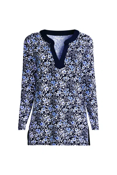 Lands' End Womens Sunshade Upf50 Quickdry Long Sleeve Notched Collar Tunic Swim Cover-up In Blue