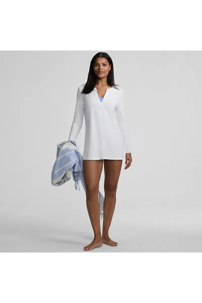 Lands' End Womens Sunshade Upf50 Quickdry Long Sleeve Notched Collar Tunic Swim Cover-up In White
