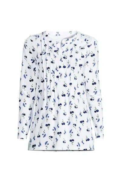 Lands' End Womens Tall Long Sleeve Lightweight Jersey Pintuck Button Tunic Blouse In White