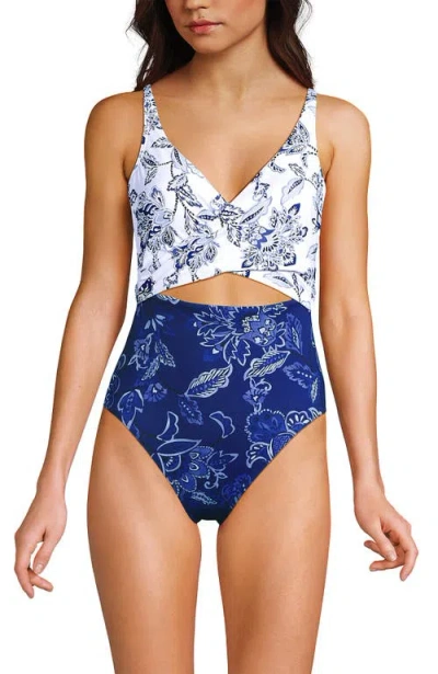 Lands' End Wrap Monokini High Leg One Piece Swimsuit In Blue