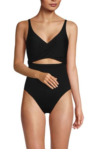 Lands' End Wrap Monokini High Leg One Piece Swimsuit In Black