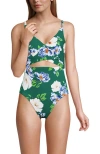 Lands' End Wrap Monokini High Leg One Piece Swimsuit In Island Emerald Petunia Floral